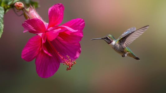 Hummingbird feeding from vibrant fuchsia hanging basket flowers